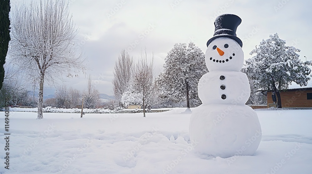 Obraz premium A panoramic picture of a contented snowman in a winter setting. Generative Ai