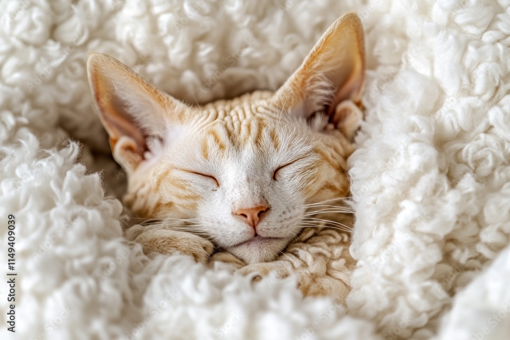 Sleeping curled ginger cat rests in a fluffy white blanket. Sleeping curled ginger cat rests in a fluffy white blanket.