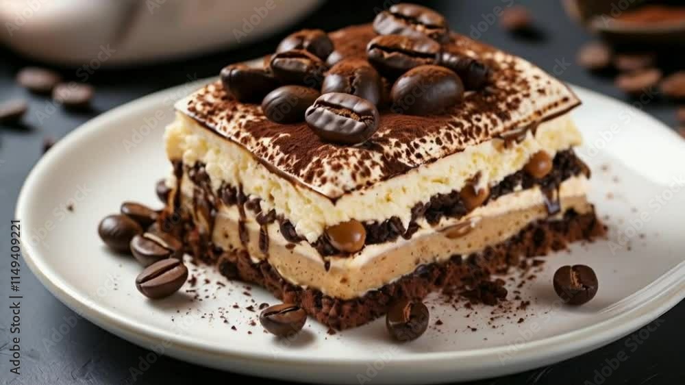Delicious Tiramisu Cake with Cocoa Powder and Coffee Beans on a White Plate Delicious Tiramisu Cake with Cocoa Powder and Coffee Beans on a White Plate