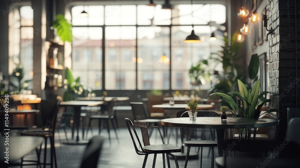 Interior of restaurant with large windows, tables, and plants. Interior of restaurant with large windows, tables, and plants.