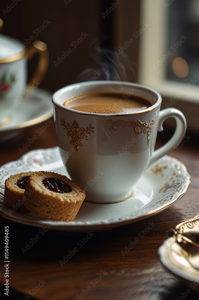 This cozy scene features a perfectly brewed coffee. This cozy scene features a perfectly brewed coffee.