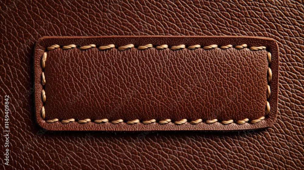 Close up view of brown leather patch with beige stitching. High quality genuine leather texture detail. Craftsmanship in leather goods design. Natural material element. Vintage style. Brown leather