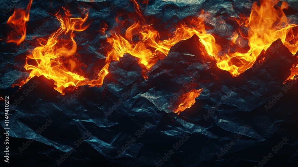 Dramatic Flames Over Crumpled Black Surface in Abstract Design Dramatic Flames Over Crumpled Black Surface in Abstract Design