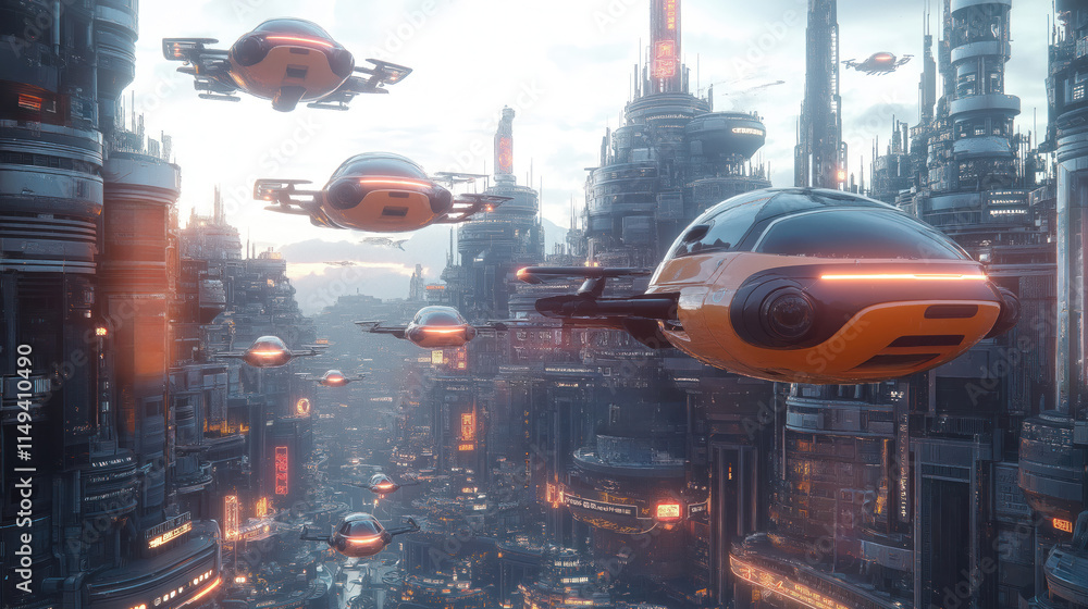 Futuristic city with flying cars. Many orange vehicles fly above modern buildings. Urban scene. Concept of future transportation in tech city. Advanced technology. Advanced vehicles. Urban Futuristic city with flying cars. Many orange vehicles fly above modern buildings. Urban scene. Concept of future transportation in tech city. Advanced technology. Advanced vehicles. Urban