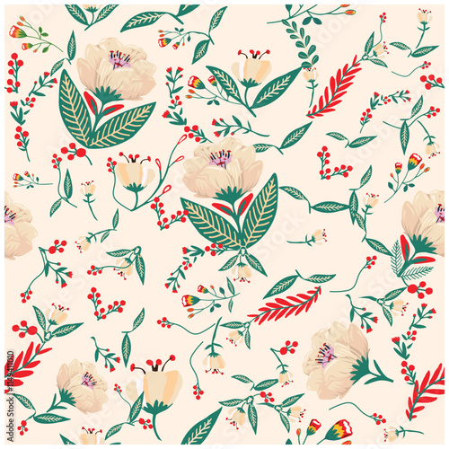 A seamless pattern with large beige flowers, red berries, and green leaves on a light background, A charming floral pattern set against a cream background, the beauty of nature in a subtle manner
