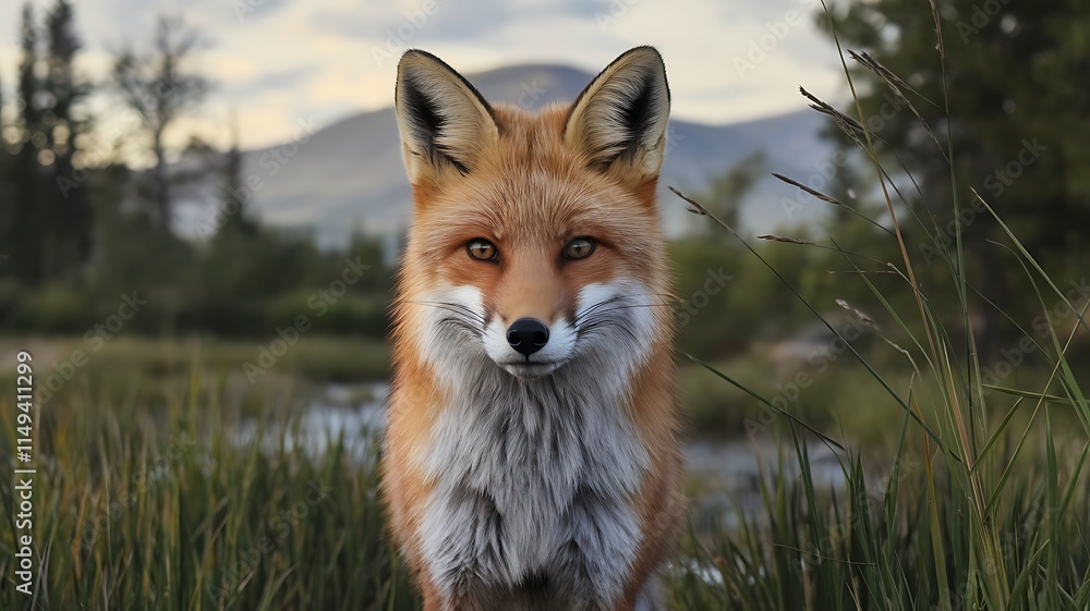 Fototapeta premium Majestic Red Fox in Wild Nature, Serene Landscape, Stunning Portrait