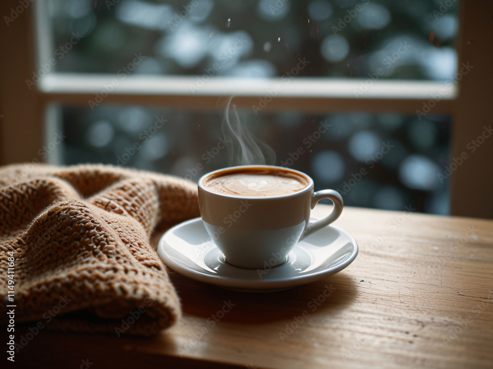 A cozy atmosphere surrounds a steaming cup of coffee. A cozy atmosphere surrounds a steaming cup of coffee.