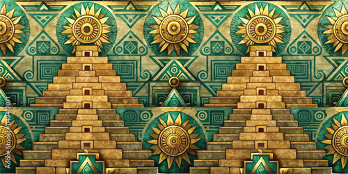 Intricate mural featuring stylized sun motifs and pyramids, showcasing ancient civilization art.
