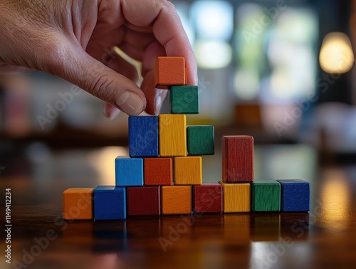 Hand stacking colorful wooden blocks on a table. photo