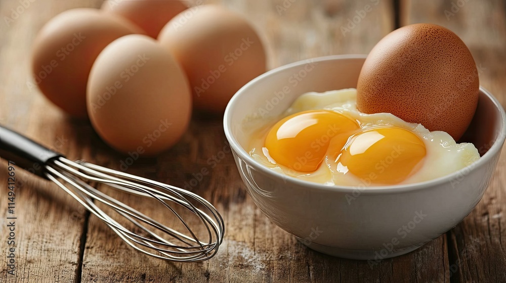 Fresh farm eggs beside a bowl of whisked eggs and a whisk, set on a rustic wooden table. Fresh farm eggs beside a bowl of whisked eggs and a whisk, set on a rustic wooden table.