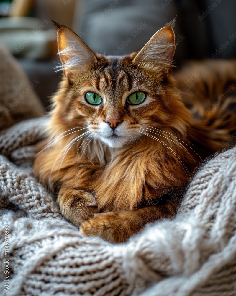 Cat resting on knitted blanket with green eyes. Cat resting on knitted blanket with green eyes.