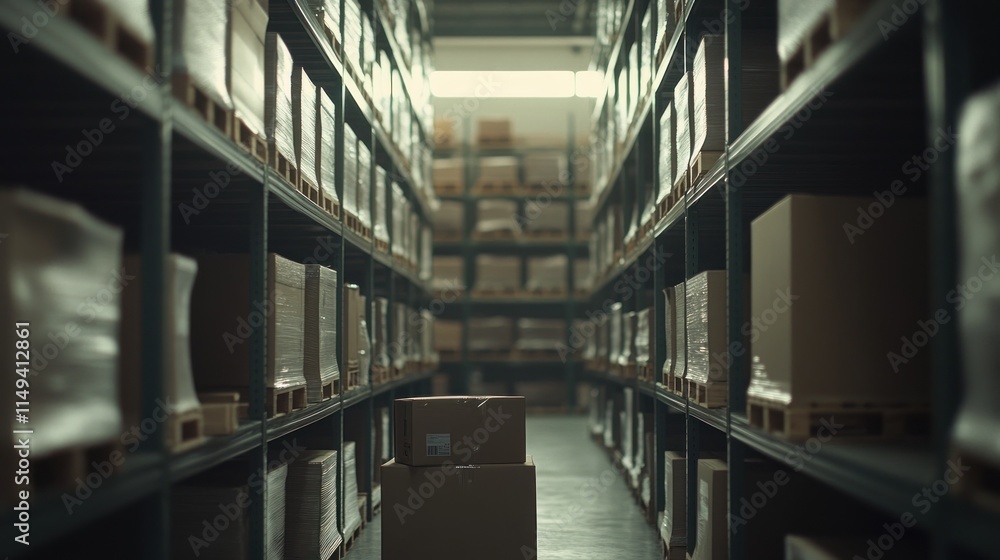 Long warehouse aisle with boxes stacked high on shelving. Long warehouse aisle with boxes stacked high on shelving.
