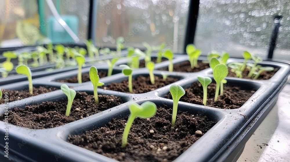 Green sprouts emerging from soil-filled cells in a black nursery tray, placed on a greenhouse table. Green sprouts emerging from soil-filled cells in a black nursery tray, placed on a greenhouse table.