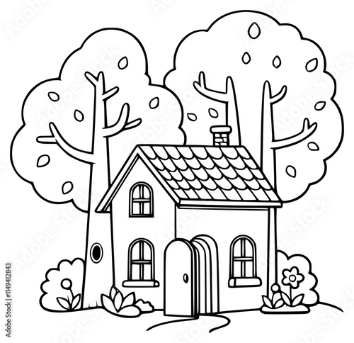 Cute house outline with fence, gate, trees, flower garden and yard for colouring purposes.	