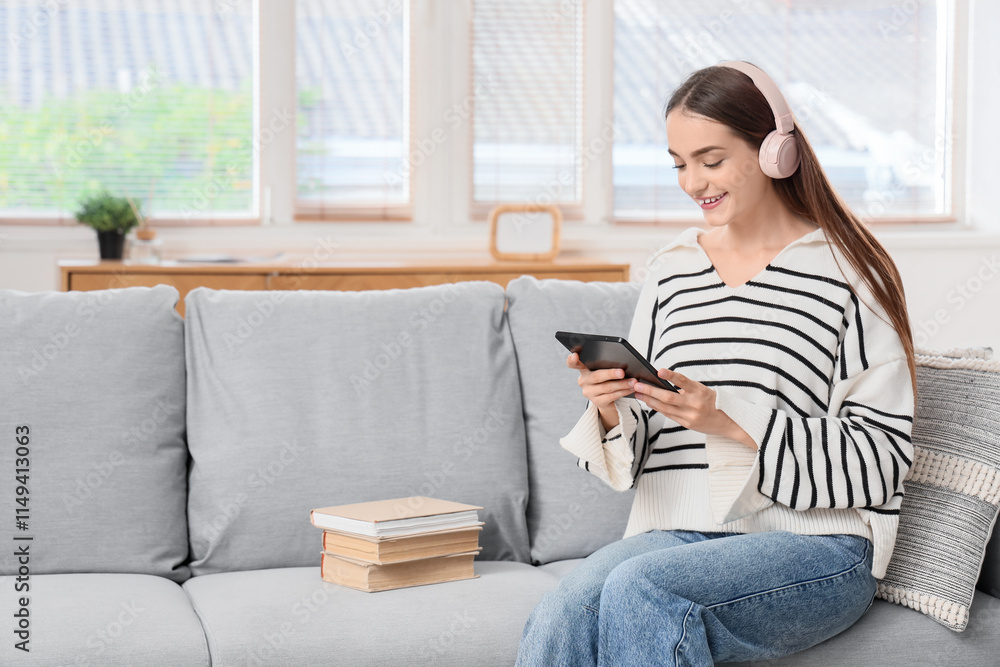 Young girl with headphones reading e-book at home Young girl with headphones reading e-book at home