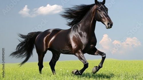 A majestic black horse galloping through a vibrant green field under a clear blue sky.