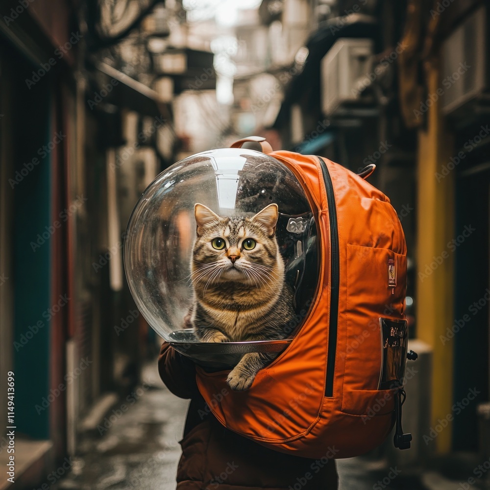 Cat in backpack carrier in narrow alley. Cat in backpack carrier in narrow alley.