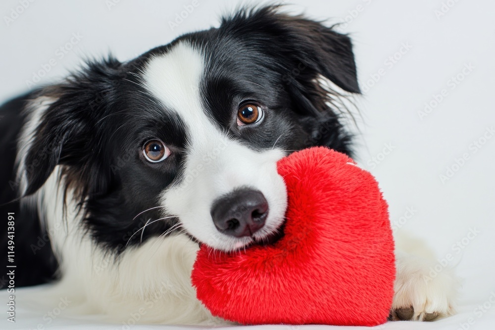 Border Collie puppy holds a red heart toy. Border Collie puppy holds a red heart toy.