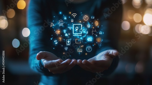 A person carrying a funnel for digital marketing that has symbols for its many components. Generative Ai