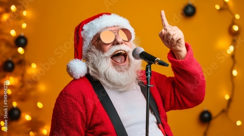 Nightclub invite on christmas party celebration funky crazy santa claus dj in white headset sing song sound melody listen music dance wear stylish x-mas hat suspenders isolated yellow color background photo