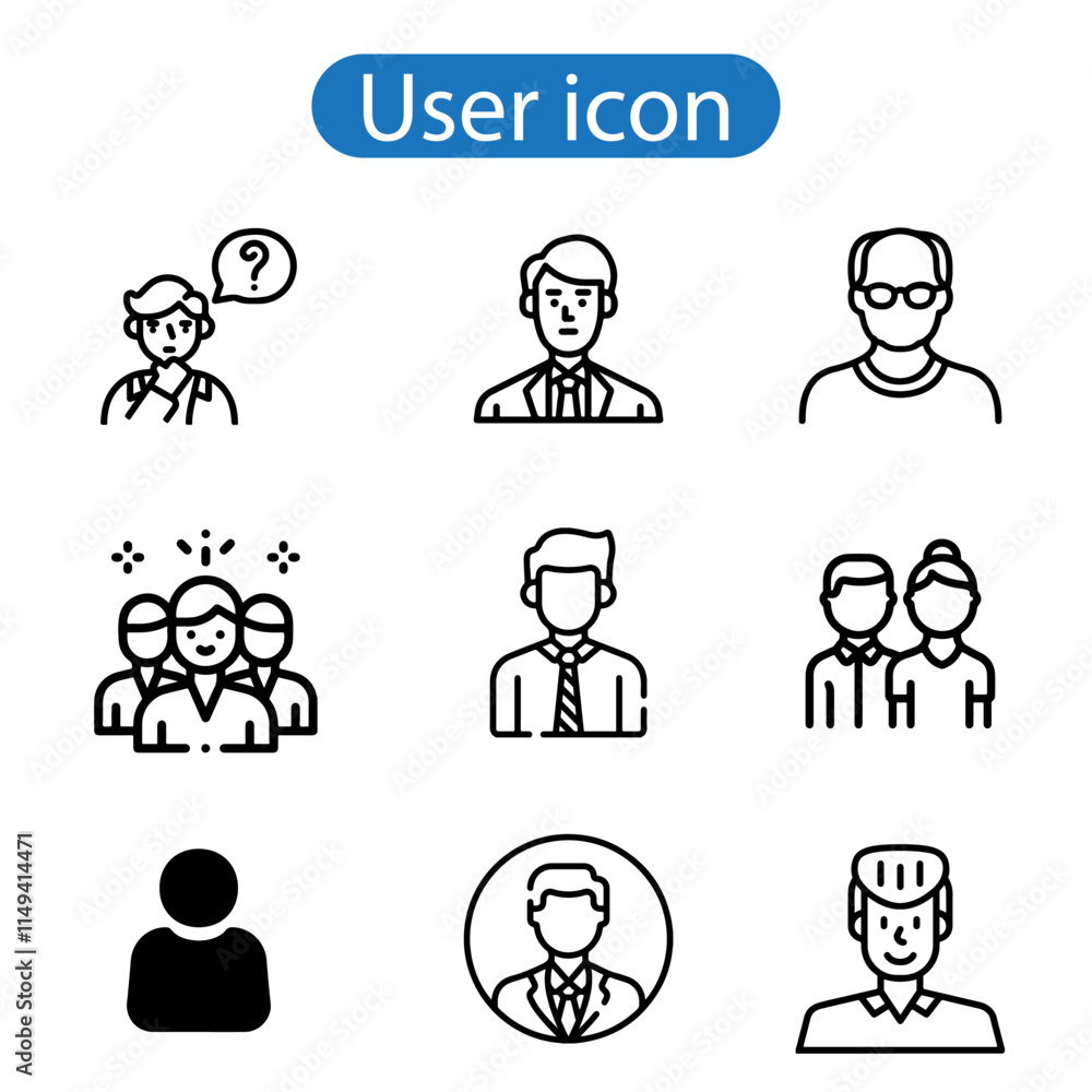Standard User Icon Set with Men, Women, and Multiple People vector art illustration on white background.
Standard User Icon Set with Men, Women, and Multiple People vector art illustration on white background.
