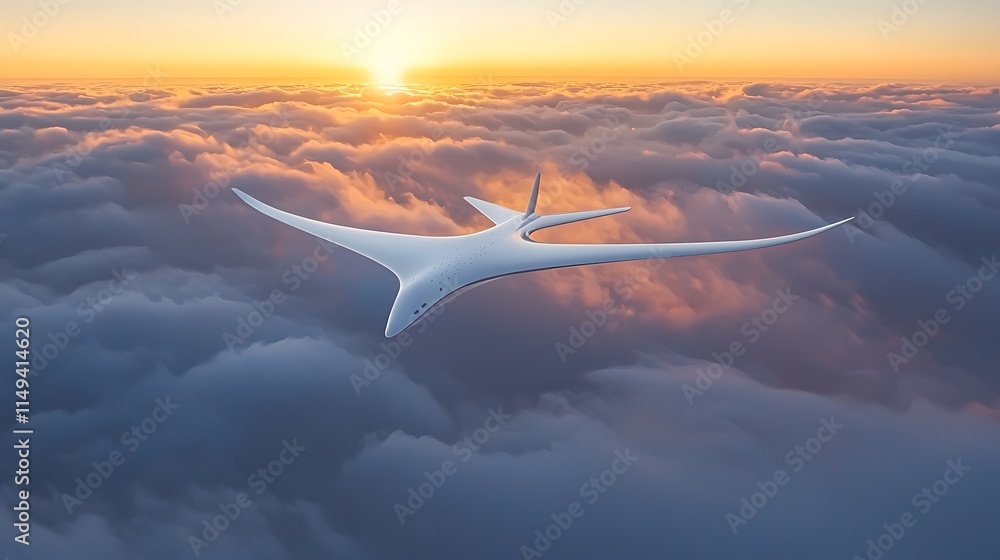 Fototapeta premium Futuristic white aircraft flying above clouds at sunset.