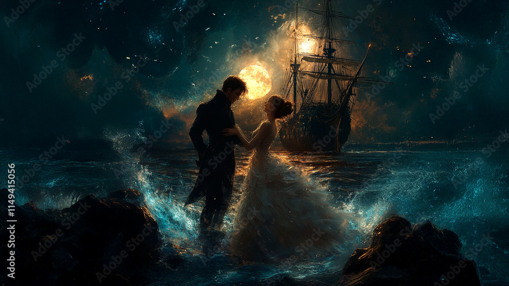 Man and a woman standing in front of a ship. Couple sea ship drawing wedding night waves. Wedding night waves a couple. The photo is of a couple in the lifestyle water. Man and a woman standing in front of a ship. Couple sea ship drawing wedding night waves. Wedding night waves a couple. The photo is of a couple in the lifestyle water.