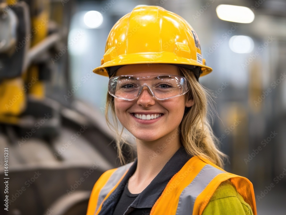 Smiling female worker wearing PPE at an industrial site. Smiling female worker wearing PPE at an industrial site.