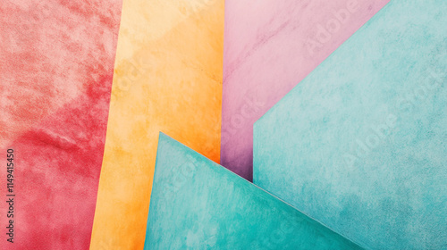 Colorful geometric shapes create a vibrant wall design in a modern urban environment