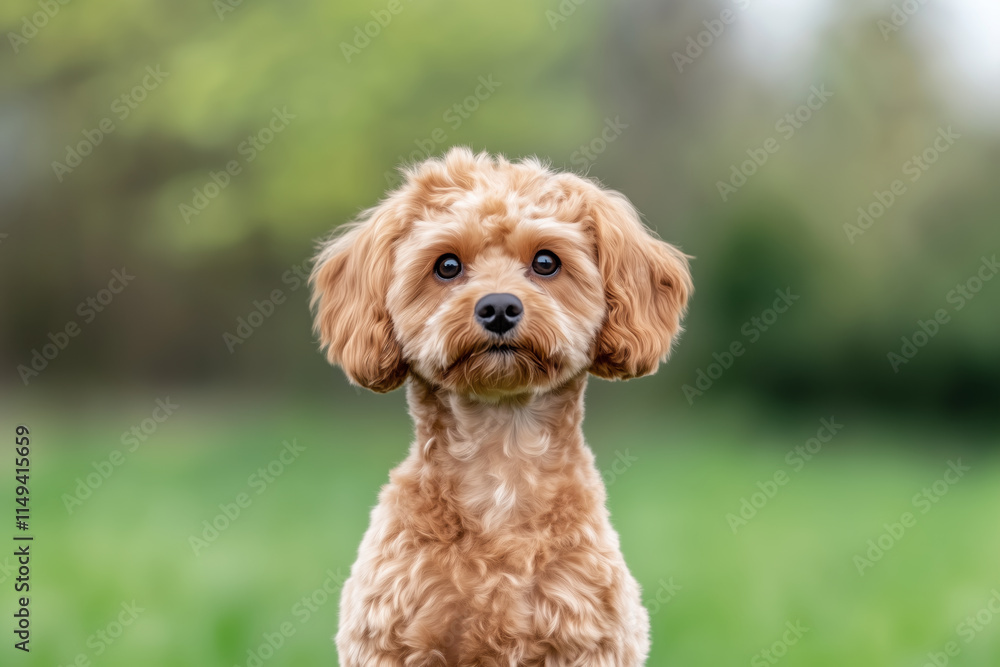 A charming portrait of a small Cavapoo dog with soft, curly fur and expressive dark eyes, sitting attentively in a lush green outdoor environment with a beautifully blurred background A charming portrait of a small Cavapoo dog with soft, curly fur and expressive dark eyes, sitting attentively in a lush green outdoor environment with a beautifully blurred background