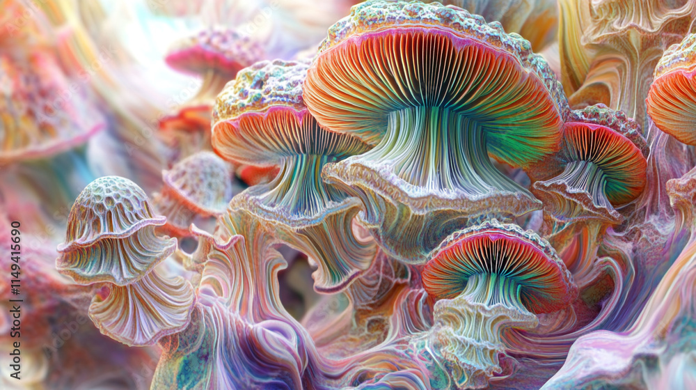 Vibrant and colorful mushroom landscape creating an ethereal atmosphere in a magical forest setting Vibrant and colorful mushroom landscape creating an ethereal atmosphere in a magical forest setting