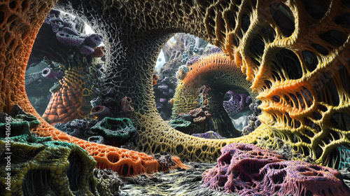 Alien Biome: Fractal Coral Reef, 3D Render, Futuristic Ecosystem