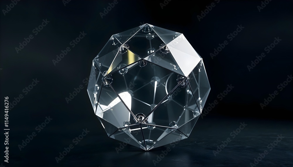 Crystal Clear Dodecahedron Glass Shape on Dark backdrop Abstract background concept Crystal Clear Dodecahedron Glass Shape on Dark backdrop Abstract background concept