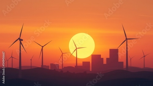 Global warming and solutions concept. Clean energy revolution depicted as a bright sunrise over a renewablepowered city, global warming solutions, positive climate narrative photo