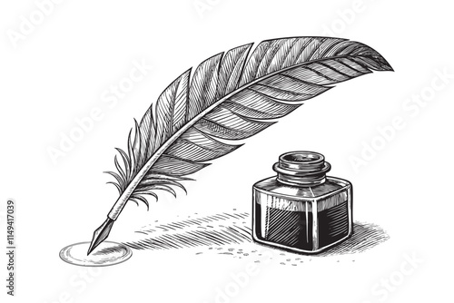 feather ink pen engraving vector illustration