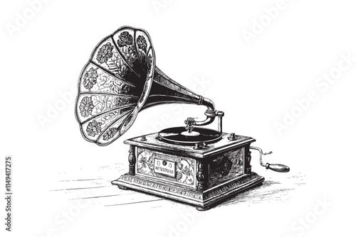 gramophone music player engraving vector illustration