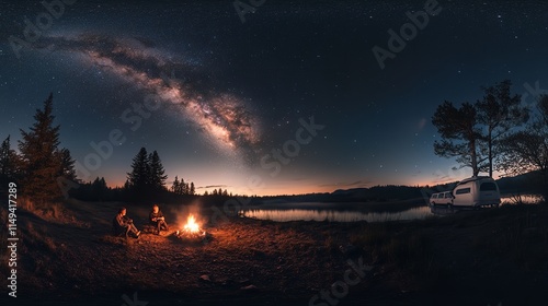 A family relaxing around a bonfire beneath the Milky Way in a camper vehicle is shown in this panoramic view. Generative Ai