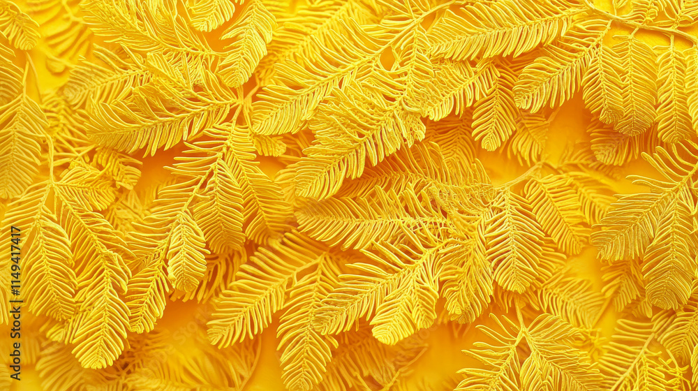 Yellow Mimosa Pudica, 3D Render, Detailed Veins, Vibrant, Background Yellow Mimosa Pudica, 3D Render, Detailed Veins, Vibrant, Background