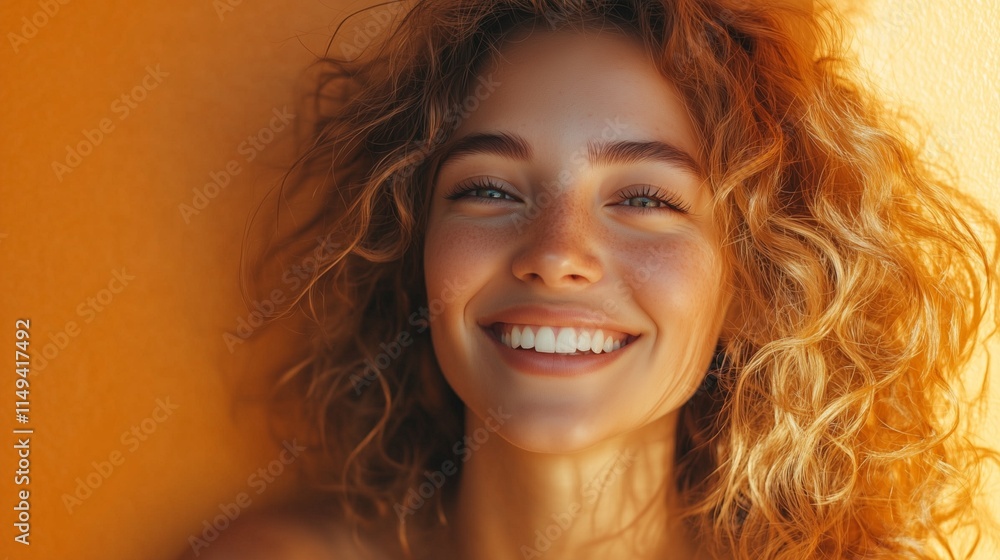 Radiant Smiles: Young Woman with Curly Hair Against a Sunlit Orange Wall