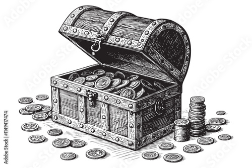 chest with coins engraving vector illustration