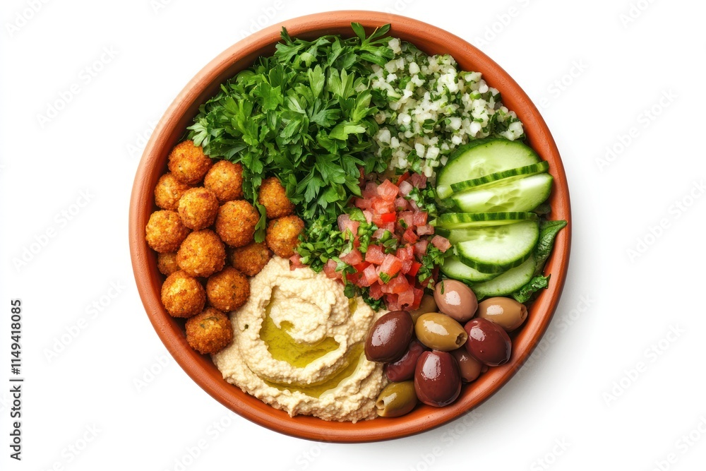 Bowl of hummus, falafel, tabouli, olives, cucumbers, chopped tomato and parsley. Bowl of hummus, falafel, tabouli, olives, cucumbers, chopped tomato and parsley.
