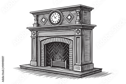 fireplace mantle with a clock engraving vector illustration