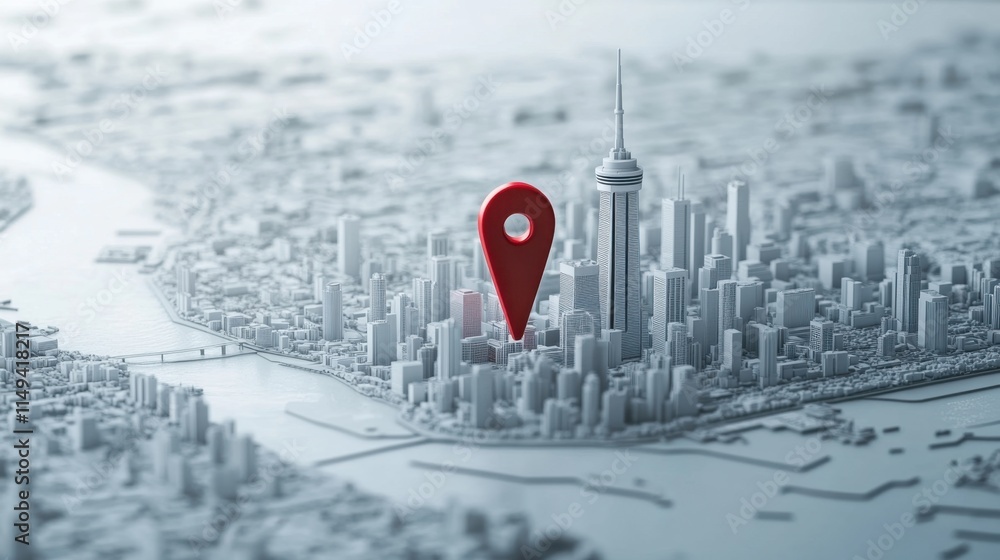 Fototapeta premium 3D Urban Map with Red Location Pin in City Landscape Perspective