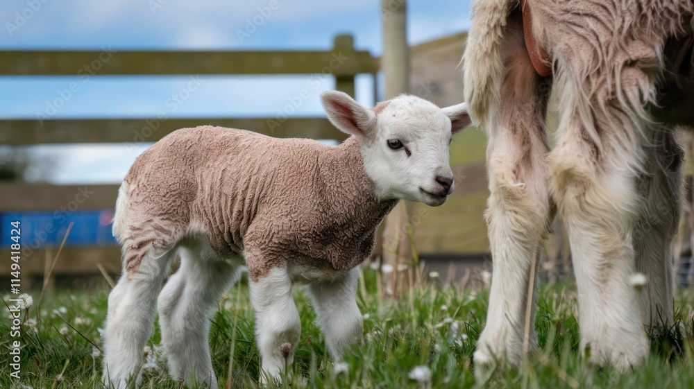 Obraz premium A young lamb stands in a grassy field near its mother