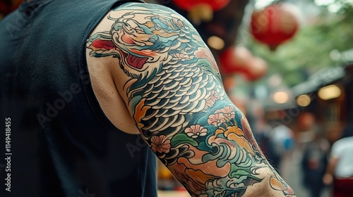 Vibrant Koi Fish Tattoo on Man's Arm photo