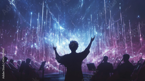Celestial Orchestra Conductor, Futuristic Music, Ethereal Performance, Cosmic Symphony, Digital Art