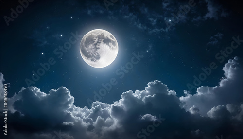 "A stunning full moon shining brightly through scattered clouds, illuminating the night sky with stars twinkling around it."