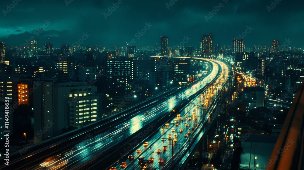 Fototapeta premium Cityscape, Night, Highway, Traffic, Lights