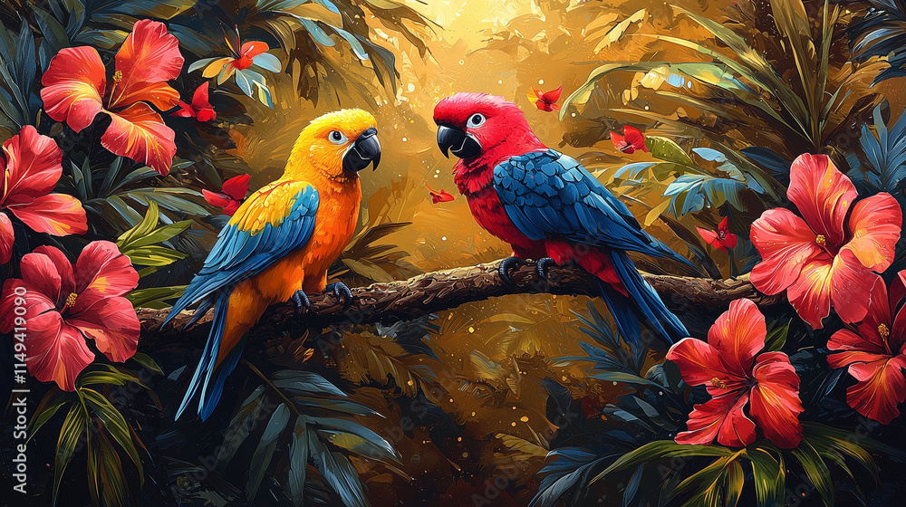 Fototapeta premium Vibrant macaws perched together surrounded by tropical foliage