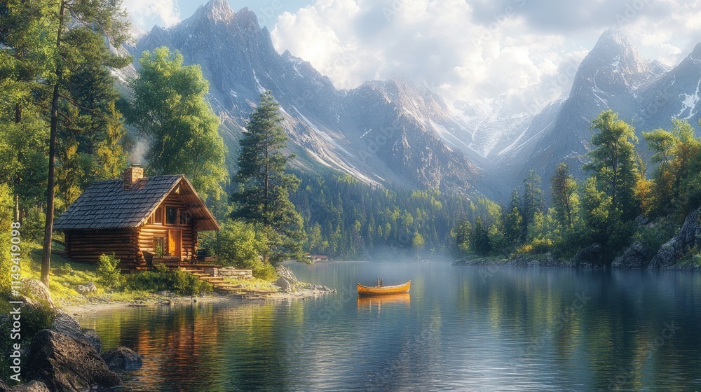 Naklejka premium Serene mountain lake cabin, canoe, peaceful.